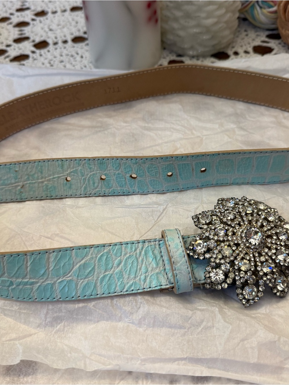 Leatherock Croc-Embossed Light Blue Belt with Crystal Floral Buckle